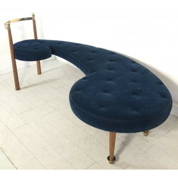 DIVANO PANCA LEGNO OTTONE DIVANETTO DESIGN LOUNGE SEATING BENCH VELVET BLU 1980