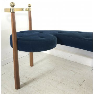 DIVANO PANCA LEGNO OTTONE DIVANETTO DESIGN LOUNGE SEATING BENCH VELVET BLU 1980
