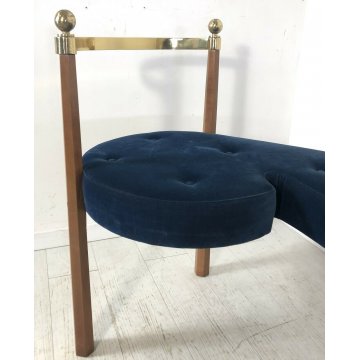 DIVANO PANCA LEGNO OTTONE DIVANETTO DESIGN LOUNGE SEATING BENCH VELVET BLU 1980