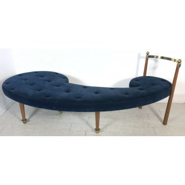 DIVANO PANCA LEGNO OTTONE DIVANETTO DESIGN LOUNGE SEATING BENCH VELVET BLU 1980