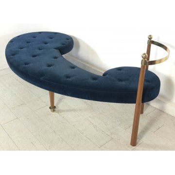 DIVANO PANCA LEGNO OTTONE DIVANETTO DESIGN LOUNGE SEATING BENCH VELVET BLU 1980