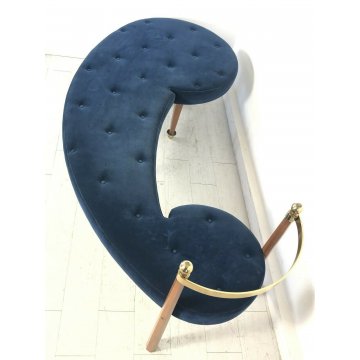 DIVANO PANCA LEGNO OTTONE DIVANETTO DESIGN LOUNGE SEATING BENCH VELVET BLU 1980