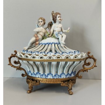 SCULTURA CERAMICA PUTTI Capodimonte CENTROTAVOLA CESTINO alzata oro PORTA Bonbon