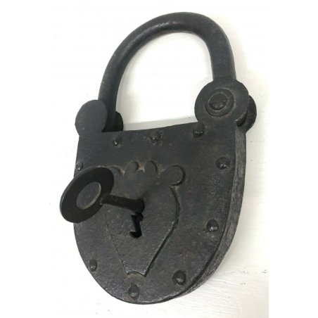 ANTICO GRANDE LUCCHETTO FERRO BATTUTO BUGNATO 1600 FORZIERE SERRATURA CHIAVE OLD