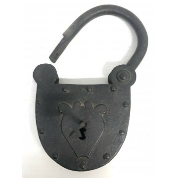 ANTICO GRANDE LUCCHETTO FERRO BATTUTO BUGNATO 1600 FORZIERE SERRATURA CHIAVE OLD