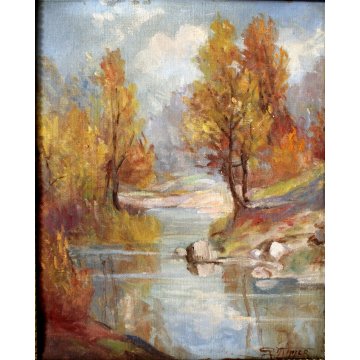 ANTICO DIPINTO OLIO TELA PAESAGGIO MONTANO AUTUNNO FOLIAGE ALBERI RUSCELLO '900