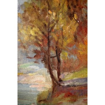 ANTICO DIPINTO OLIO TELA PAESAGGIO MONTANO AUTUNNO FOLIAGE ALBERI RUSCELLO '900