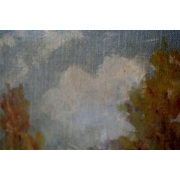 ANTICO DIPINTO OLIO TELA PAESAGGIO MONTANO AUTUNNO FOLIAGE ALBERI RUSCELLO '900