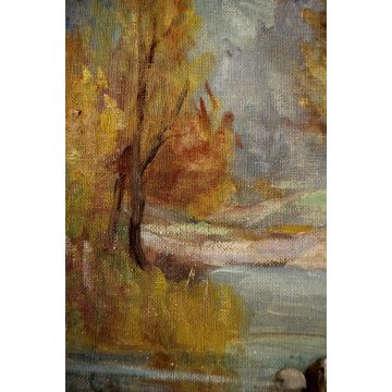 ANTICO DIPINTO OLIO TELA PAESAGGIO MONTANO AUTUNNO FOLIAGE ALBERI RUSCELLO '900