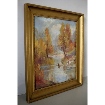 ANTICO DIPINTO OLIO TELA PAESAGGIO MONTANO AUTUNNO FOLIAGE ALBERI RUSCELLO '900