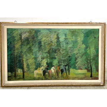 QUADRO DIPINTO OLIO TELA D'Accardi ANNI 70 Cavalli e Figure BOSCO PAESAGGIO