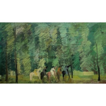 QUADRO DIPINTO OLIO TELA D'Accardi ANNI 70 Cavalli e Figure BOSCO PAESAGGIO