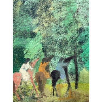 QUADRO DIPINTO OLIO TELA D'Accardi ANNI 70 Cavalli e Figure BOSCO PAESAGGIO