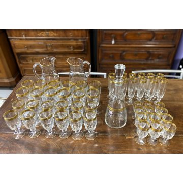 GRANDE SET BICCHIERI CALICE FLUTE CARAFFA BOTTIGLIA Boemia CRISTALLO BORDO ORO