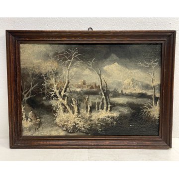 ANTICO QUADRO DIPINTO OLIO TELA NEVE NOTTURNO EPOCA 1700 paesaggio BORGO BOSCO