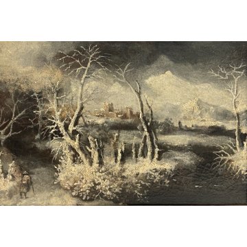 ANTICO QUADRO DIPINTO OLIO TELA NEVE NOTTURNO EPOCA 1700 paesaggio BORGO BOSCO