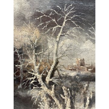 ANTICO QUADRO DIPINTO OLIO TELA NEVE NOTTURNO EPOCA 1700 paesaggio BORGO BOSCO