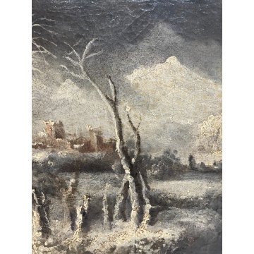 ANTICO QUADRO DIPINTO OLIO TELA NEVE NOTTURNO EPOCA 1700 paesaggio BORGO BOSCO