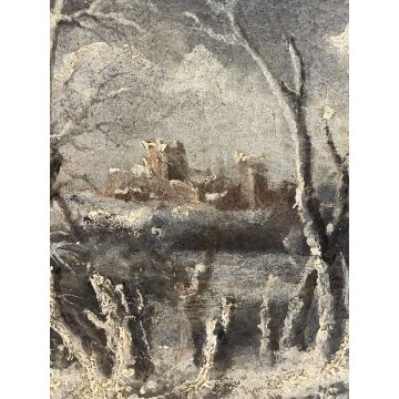 ANTICO QUADRO DIPINTO OLIO TELA NEVE NOTTURNO EPOCA 1700 paesaggio BORGO BOSCO