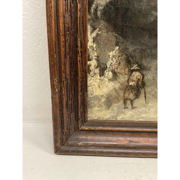 ANTICO QUADRO DIPINTO OLIO TELA NEVE NOTTURNO EPOCA 1700 paesaggio BORGO BOSCO