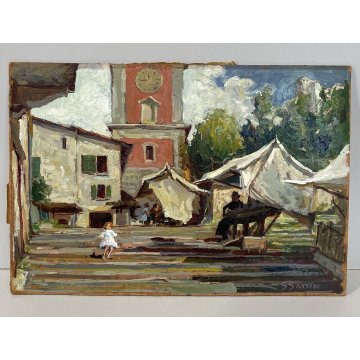 ANTICO QUADRO DIPINTO OLIO TAVOLA "Giovanni Giavini" BORGO MERCATO CAMPANILE