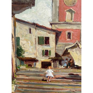 ANTICO QUADRO DIPINTO OLIO TAVOLA "Giovanni Giavini" BORGO MERCATO CAMPANILE