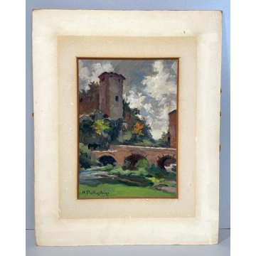 QUADRO DIPINTO OLIO TAVOLA "Natale Pollastrini" PAESAGGIO ROMA torre ponte fiume