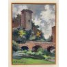 QUADRO DIPINTO OLIO TAVOLA "Natale Pollastrini" PAESAGGIO ROMA torre ponte fiume