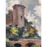 QUADRO DIPINTO OLIO TAVOLA "Natale Pollastrini" PAESAGGIO ROMA torre ponte fiume