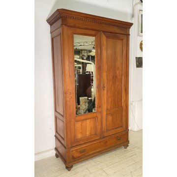 ANTICO ARMADIO RUSTICO GUARDAROBA 1900 LEGNO CILIEGIO 2 ANTE CASSETTO SPECCHIO