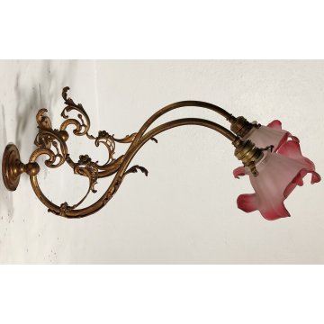 Coppia ANTICA LAMPADA DORATA Applique a Braccio CAPPELLOTTO FIORE ROSA Liberty