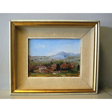 ANTICO PICCOLO QUADRO OLIO TAVOLA MATERICO PAESAGGIO COLLINE BORGO '900 