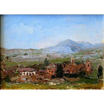 ANTICO PICCOLO QUADRO OLIO TAVOLA MATERICO PAESAGGIO COLLINE BORGO '900 