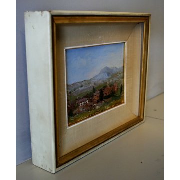 ANTICO PICCOLO QUADRO OLIO TAVOLA MATERICO PAESAGGIO COLLINE BORGO '900 