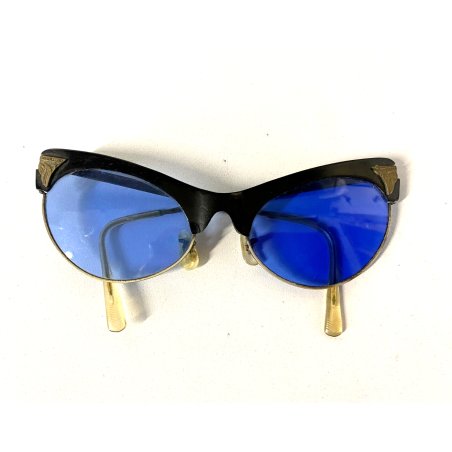 OCCHIALI da SOLE VINTAGE CAT EYE ROKABILLY SWING ACETATO NERO LENTI BLU '40/'50