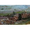 ANTICO PICCOLO QUADRO OLIO TAVOLA MATERICO PAESAGGIO COLLINE BORGO '900 