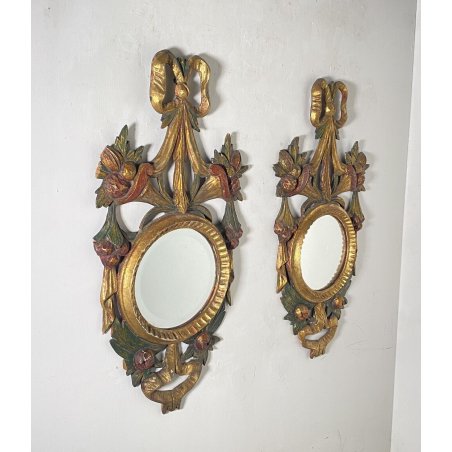 PICCOLA COPPIA SPECCHIERA LAVORATA LEGNO DIPINTO SPECCHIO ROTONDO ORO MIRROR 900