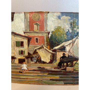 ANTICO QUADRO DIPINTO OLIO TAVOLA "Giovanni Giavini" BORGO MERCATO CAMPANILE