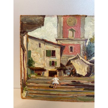 ANTICO QUADRO DIPINTO OLIO TAVOLA "Giovanni Giavini" BORGO MERCATO CAMPANILE