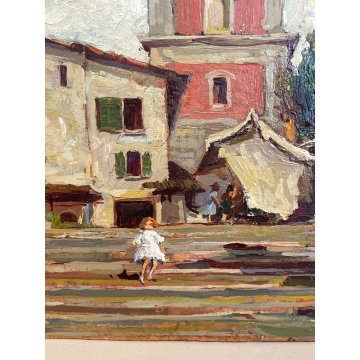 ANTICO QUADRO DIPINTO OLIO TAVOLA "Giovanni Giavini" BORGO MERCATO CAMPANILE