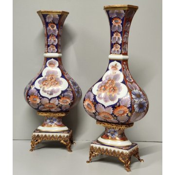 Limoges ANTICA COPPIA VASI PORCELLANA dipinto FIORI ORO Imari BRONZO DORATO