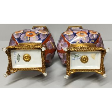 Limoges ANTICA COPPIA VASI PORCELLANA dipinto FIORI ORO Imari BRONZO DORATO