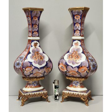 Limoges ANTICA COPPIA VASI PORCELLANA dipinto FIORI ORO Imari BRONZO DORATO