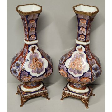 Limoges ANTICA COPPIA VASI PORCELLANA dipinto FIORI ORO Imari BRONZO DORATO