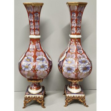 Limoges ANTICA COPPIA VASI PORCELLANA dipinto FIORI ORO Imari BRONZO DORATO