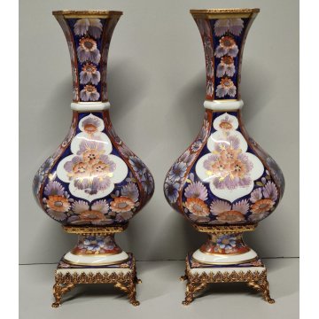 Limoges ANTICA COPPIA VASI PORCELLANA dipinto FIORI ORO Imari BRONZO DORATO