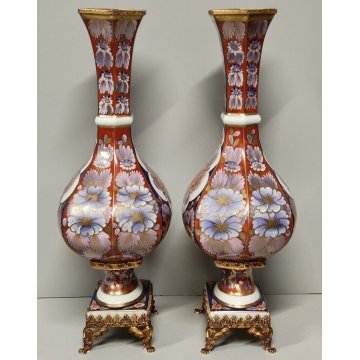 Limoges ANTICA COPPIA VASI PORCELLANA dipinto FIORI ORO Imari BRONZO DORATO