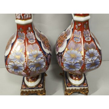 Limoges ANTICA COPPIA VASI PORCELLANA dipinto FIORI ORO Imari BRONZO DORATO