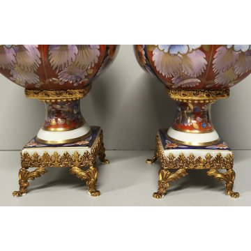 Limoges ANTICA COPPIA VASI PORCELLANA dipinto FIORI ORO Imari BRONZO DORATO