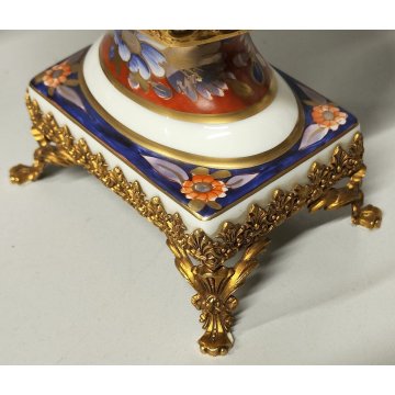 Limoges ANTICA COPPIA VASI PORCELLANA dipinto FIORI ORO Imari BRONZO DORATO